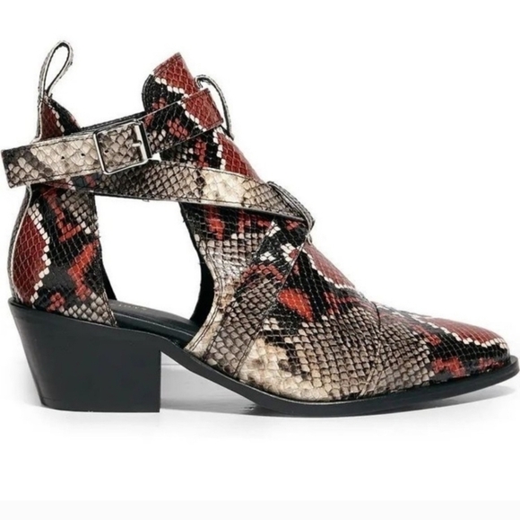 New AllSaints Boot Darcy Pointed Toe Ankle Leather Heeled Cutout Red‎ Snake 36 - Picture 1 of 7